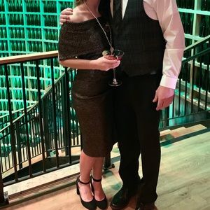 Off the shoulder, metallic midi dress